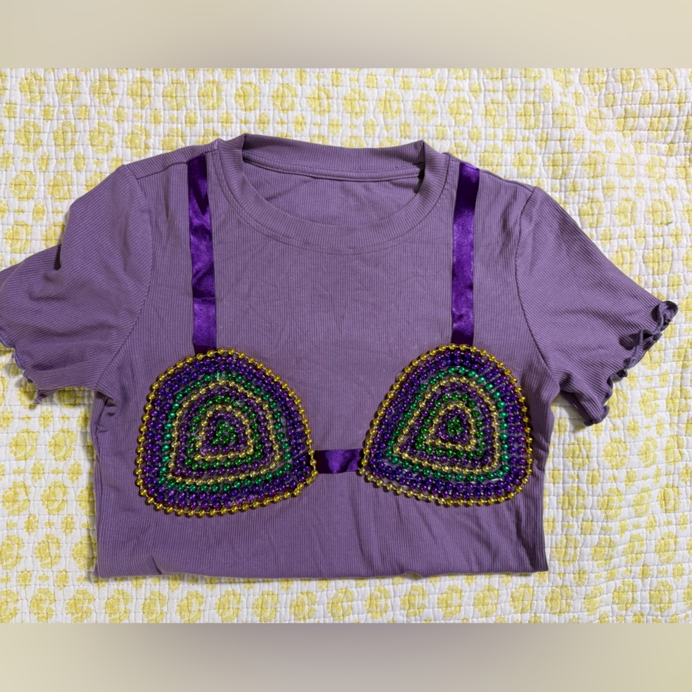 Custom Mardi Gras Purple Knit beaded bikini top made with beads small ruffled